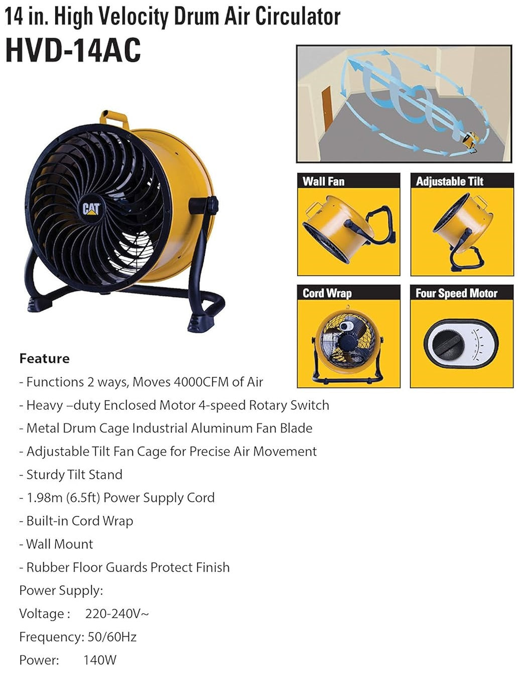 Caterpillar HVD-14AC High Velocity Drum Air Circulation Fan 14 Inch