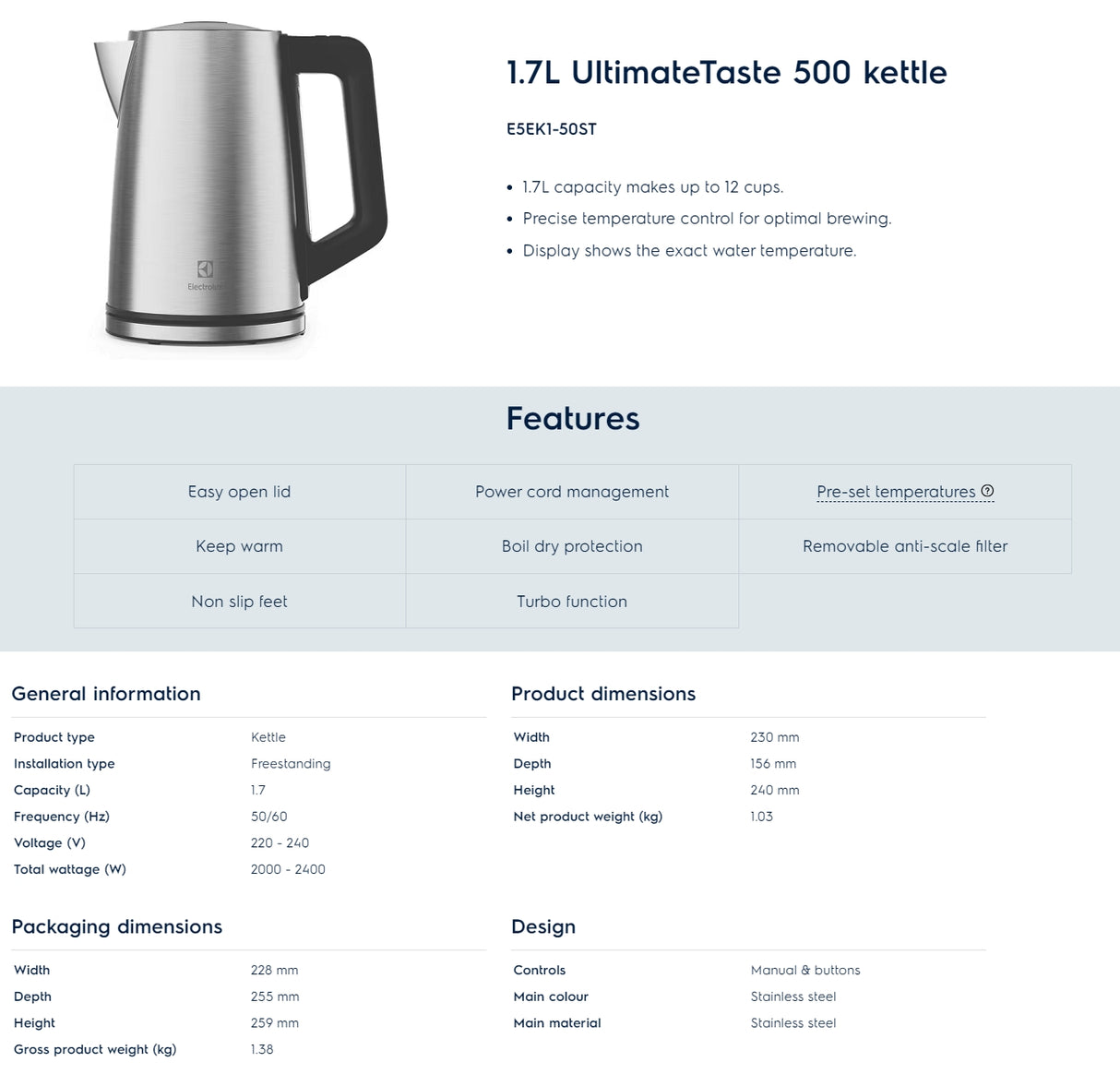 Electrolux E5EK1-50ST UltimateTaste 500 Kettle 1.7L