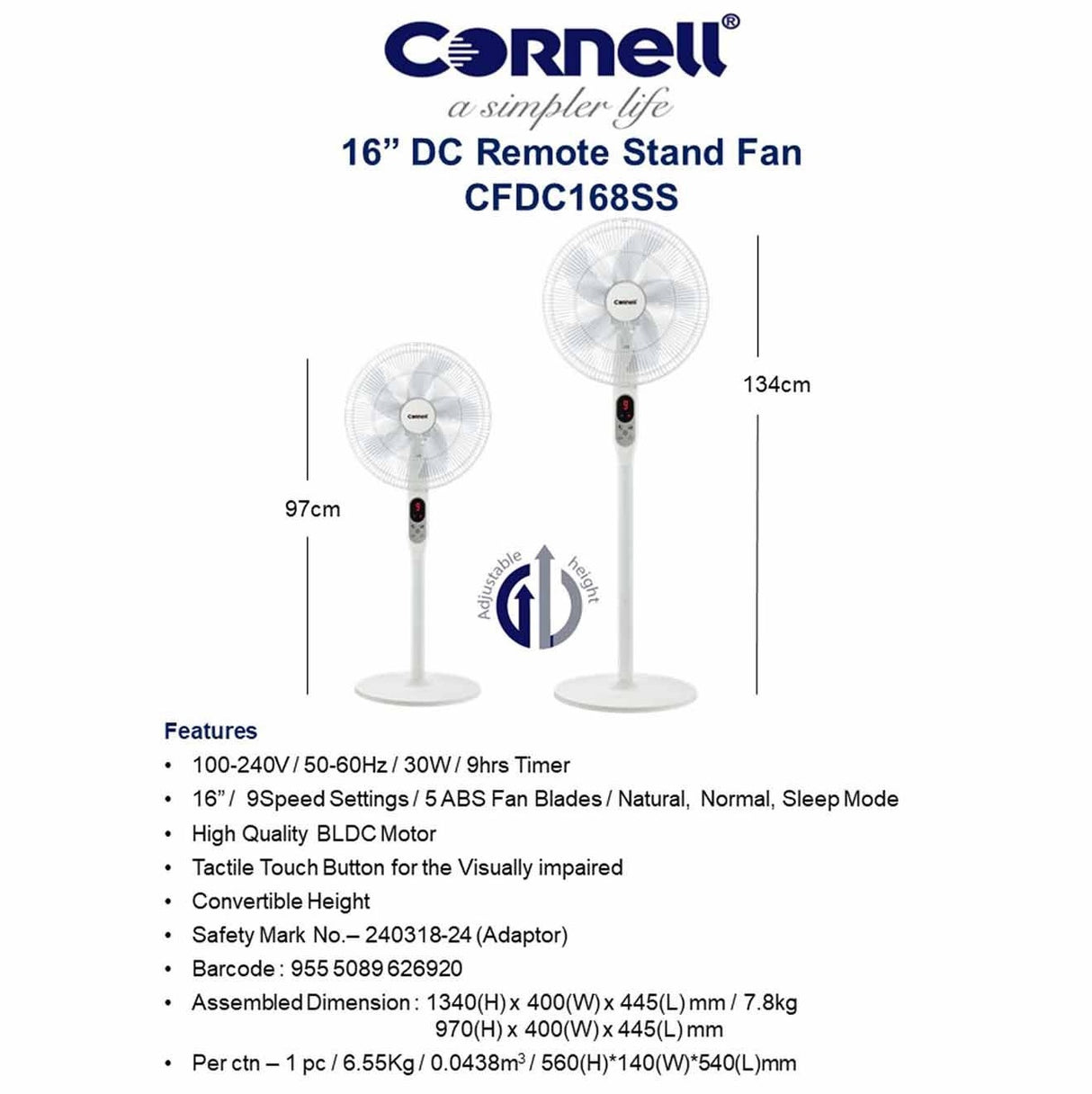 Cornell CFDC168SS DC Remote Stand Fan 16 Inch