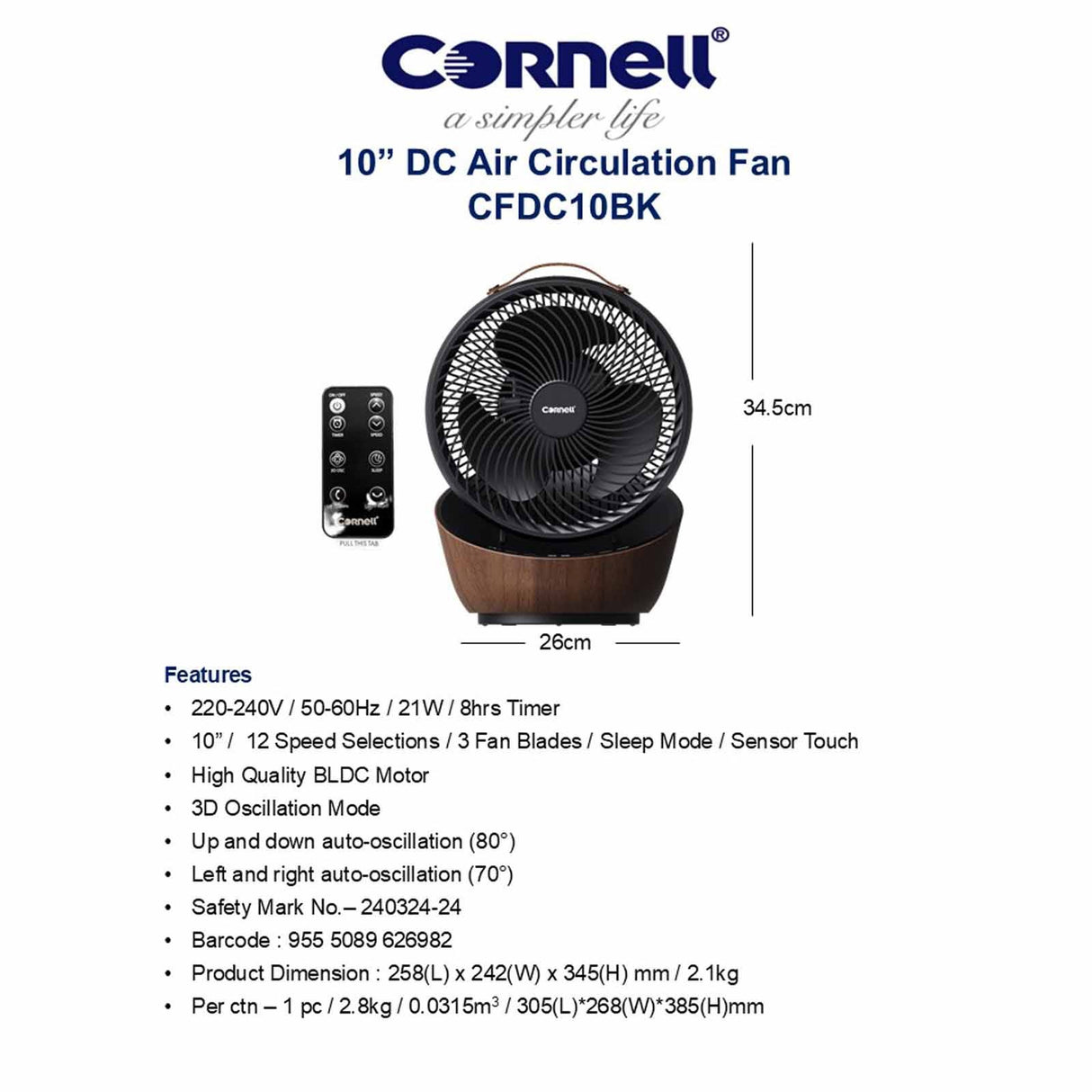 Cornell CFDC10BK Remote DC Air Circulation Fan 10 Inch