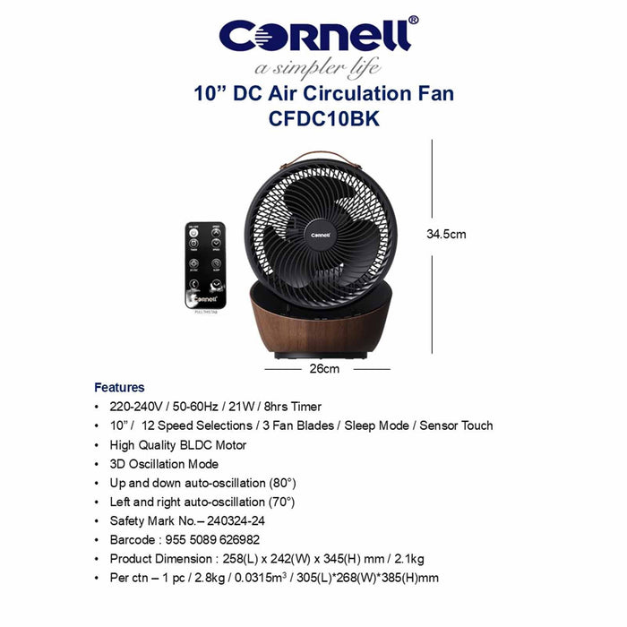 Cornell CEDC10BK Remote DC Air Circulation Fan 10 Inch