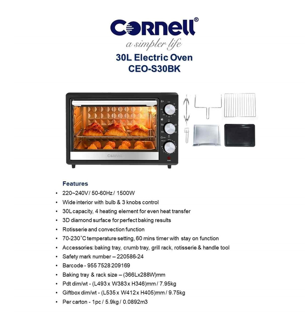 Cornell CEO-S30BK Countertop Electric Oven Rotisserie 30L