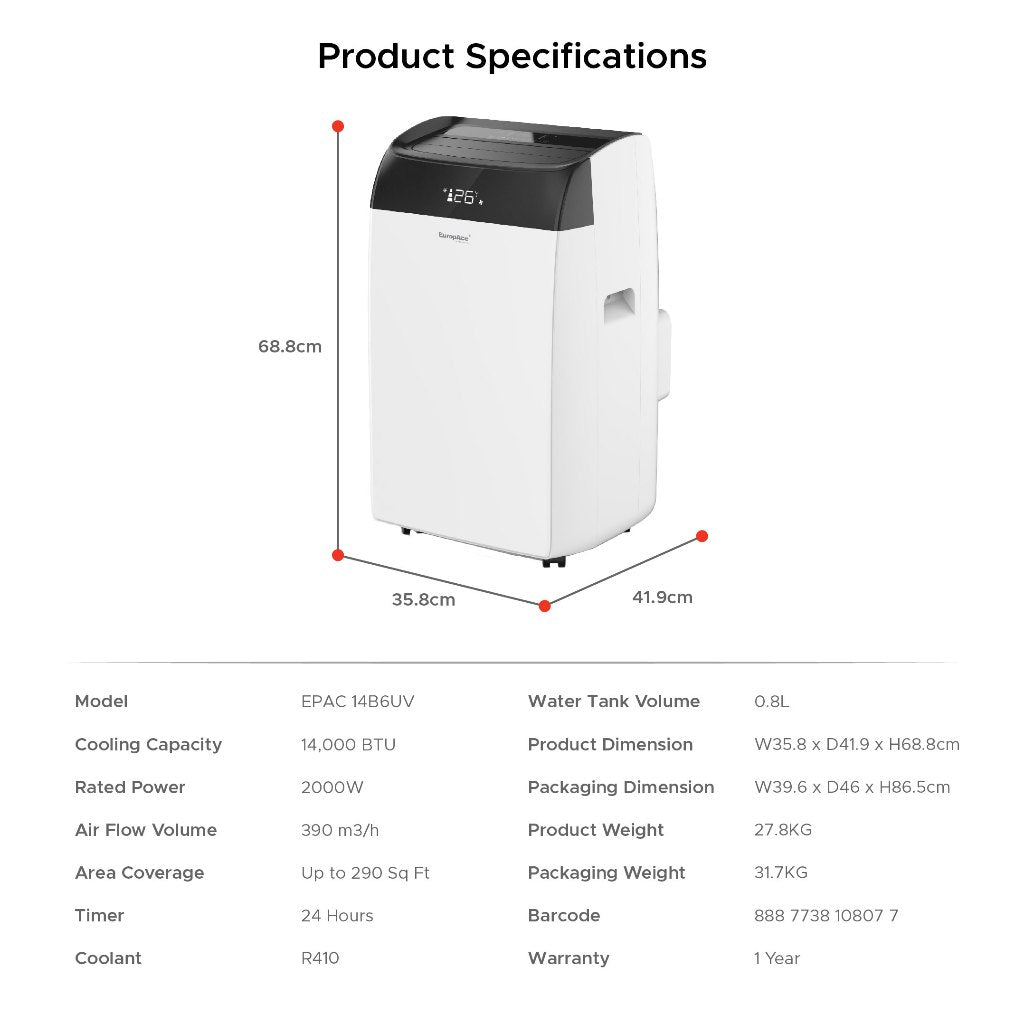 Europace EPAC 14B6UV Portable Air Con 14,000 BTU