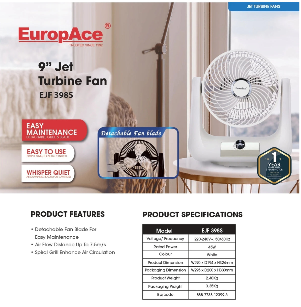 Europace EJF 398S | EJF398S Jet Turbine Fan 9 Inch