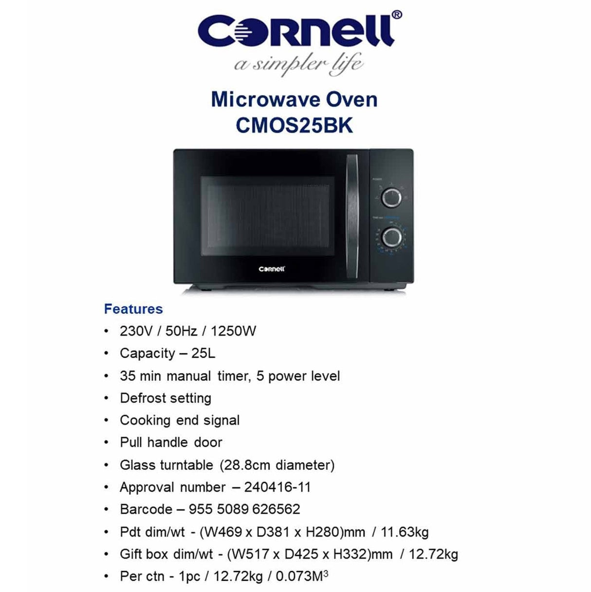 Cornell CMOS25BK Microwave Oven 25L