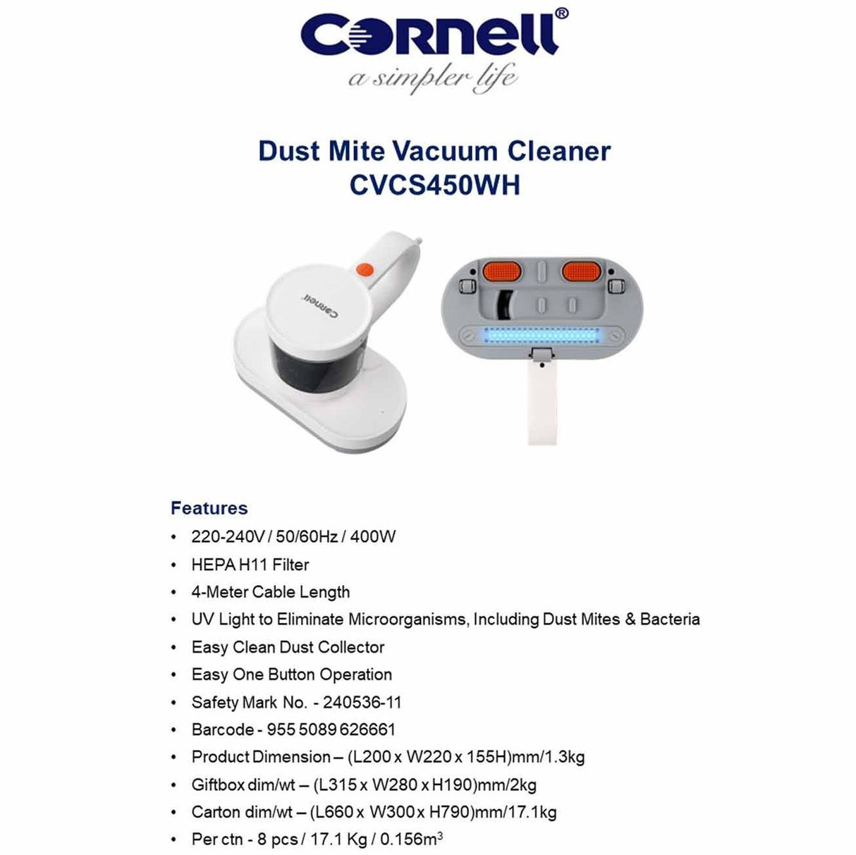 Cornell CVCS450WH Dust Mite Vacuum Cleaner 400W