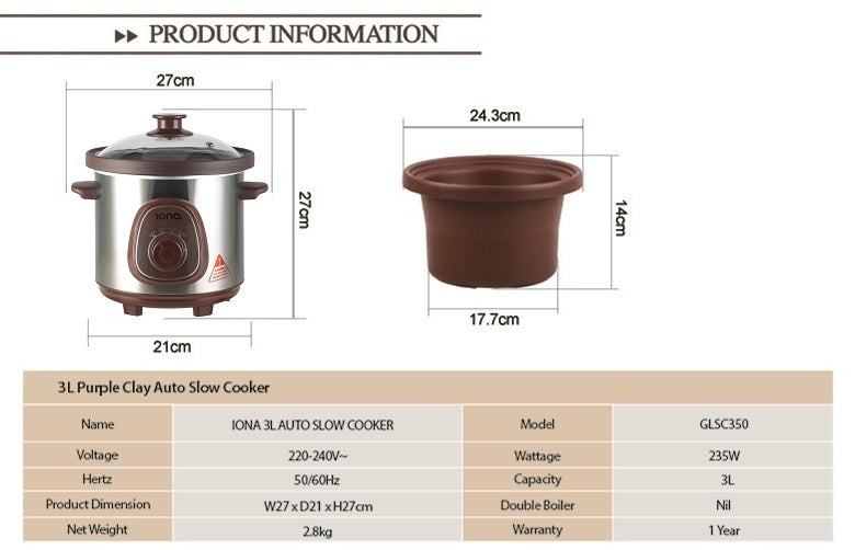 Iona GLSC350 Purple Clay Auto Slow Cooker 3L