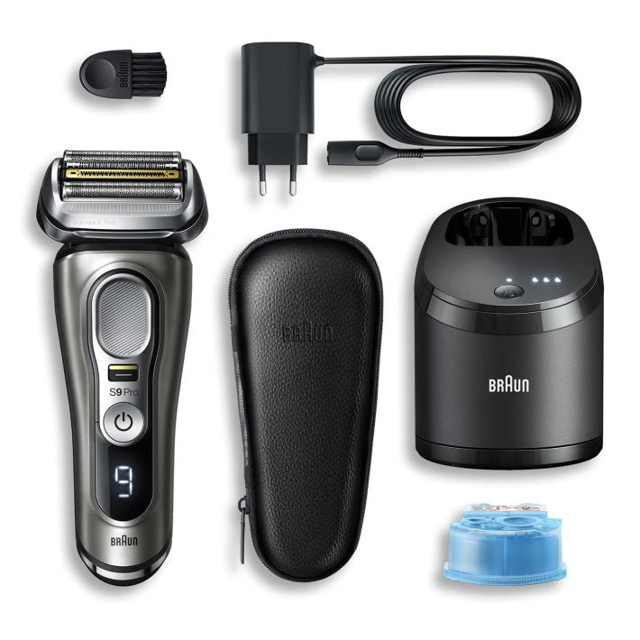 Braun S9 9465CC Series 9 Pro Wet & Dry shaver with 5-in-1 SmartCare center and travel case, noble metal