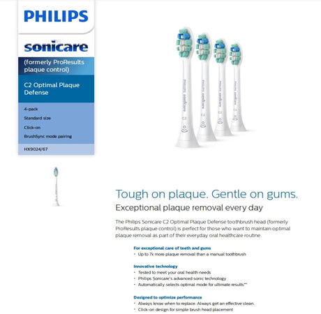 Philips HX9024/67 Sonicare C2 Optimal Plaque Defense White 4 Pack Toothbrush Heads