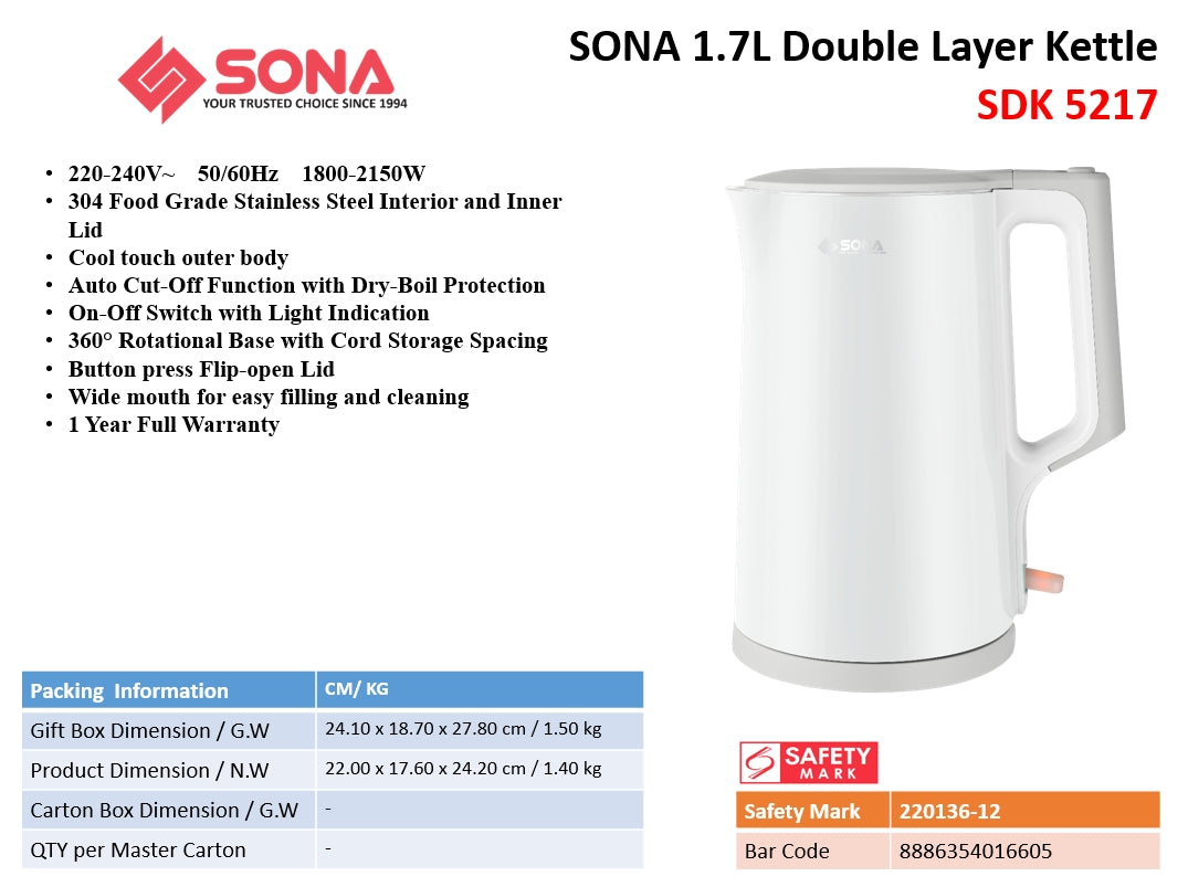 Sona SDK 5217 Double Layer Kettle 1.7L