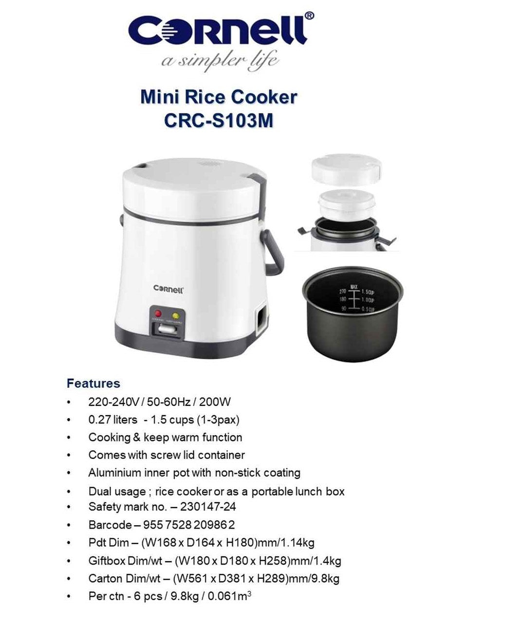 Cornell CR-CS103M Mini Rice Cooker 0.27L