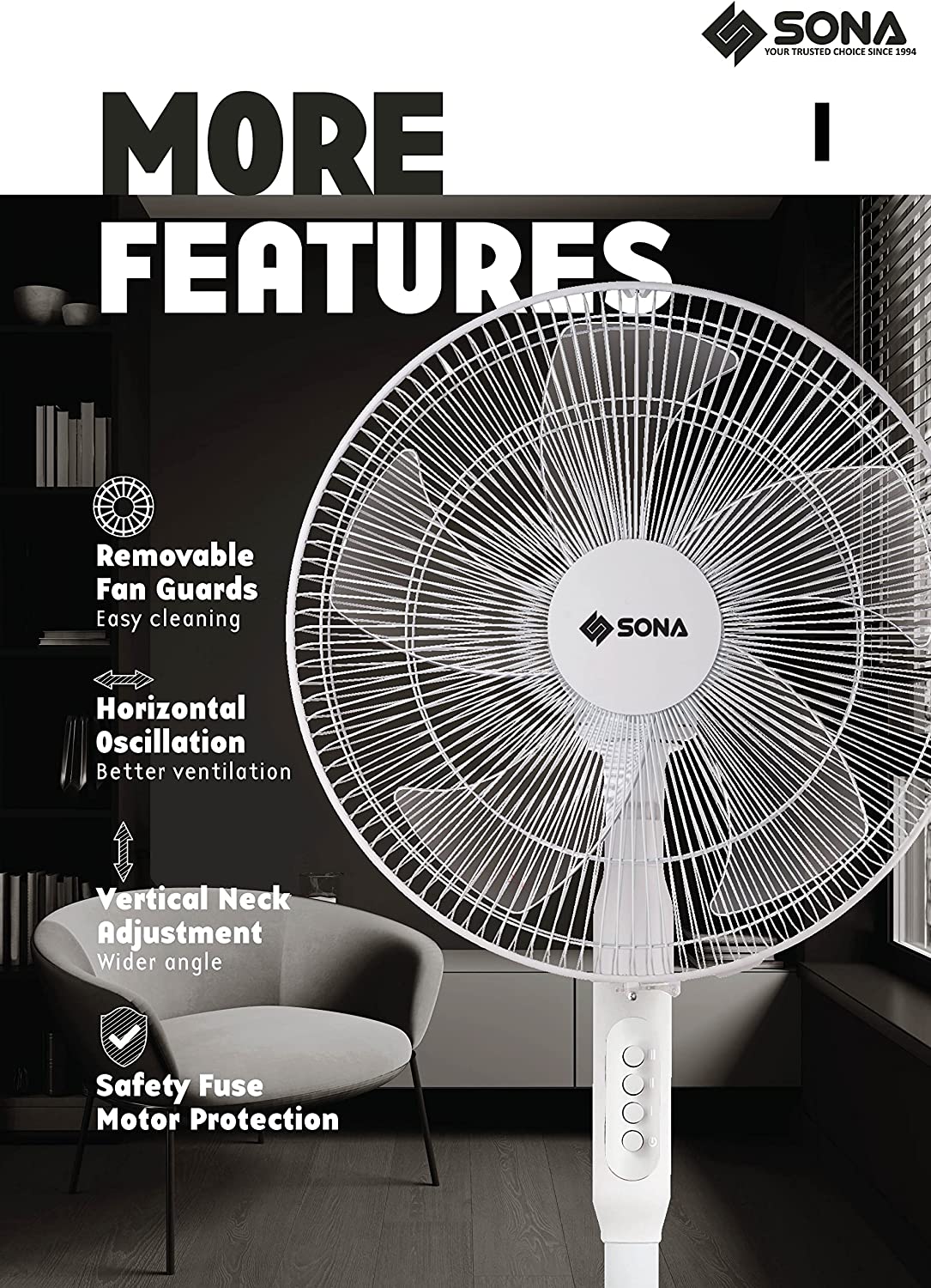 Sona SFS 6401 3-In-1 Stand Fan 16 Inch