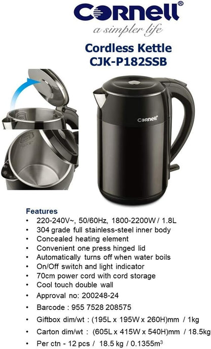 Cornell CJKP182SSB Cool Touch Double Wall Cordless Kettle 1.8L
