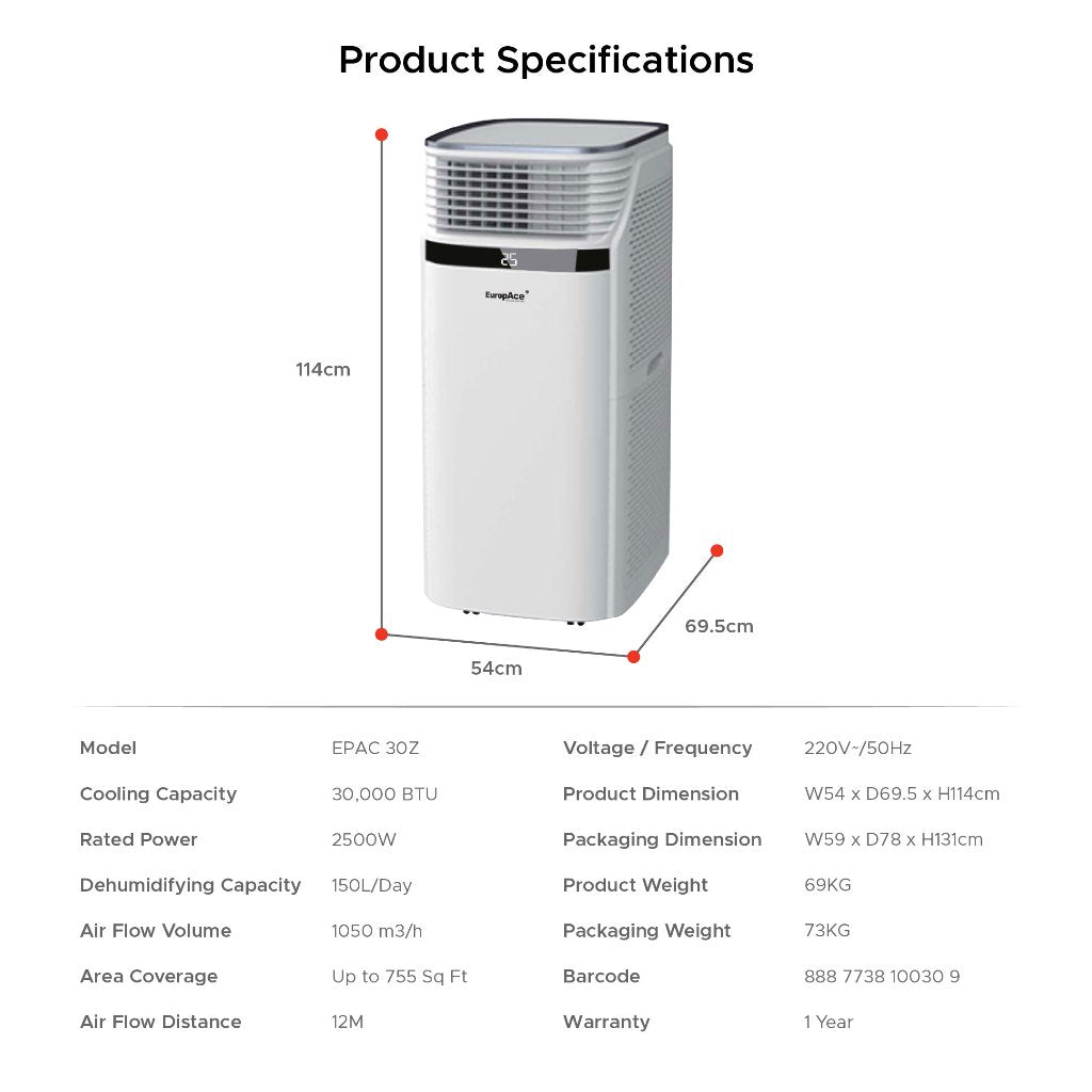 Europace EPAC 30Z | EPAC30Z Portable Air Con 30,000 BTU