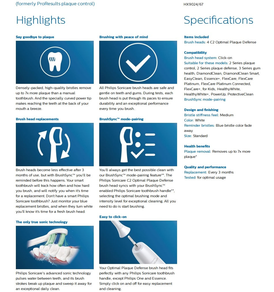Philips HX9024/67 Sonicare C2 Optimal Plaque Defense White 4 Pack Toothbrush Heads