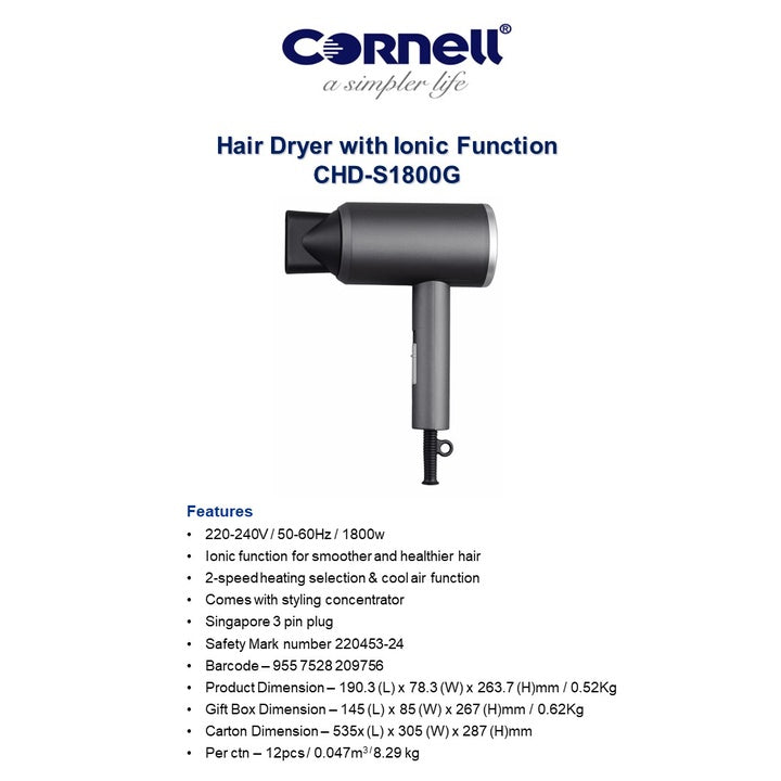 Cornell CHD-S1800G Hair Dryer 1800W With Ionic Function