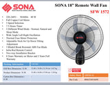 Sona SFW 1572 Remote Wall Fan 18 Inch