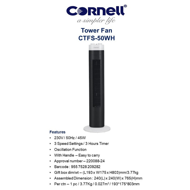 Cornell CTFS-50WH Tower Fan with Handle 30 Inch