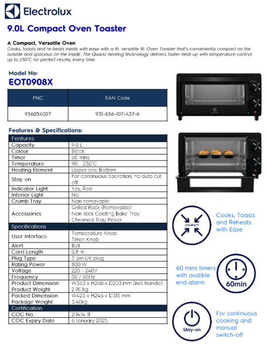 Electrolux EOT0908X Compact Oven Toaster 9L