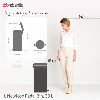 Brabantia BBT 111822 Pedal Bin NewIcon 30L Soft Closing, Plastic Inner Bucket - Matt Steel Fingerprint