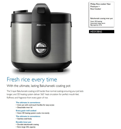 Philips HD3138/62 Rice Cooker Nasi Premium +