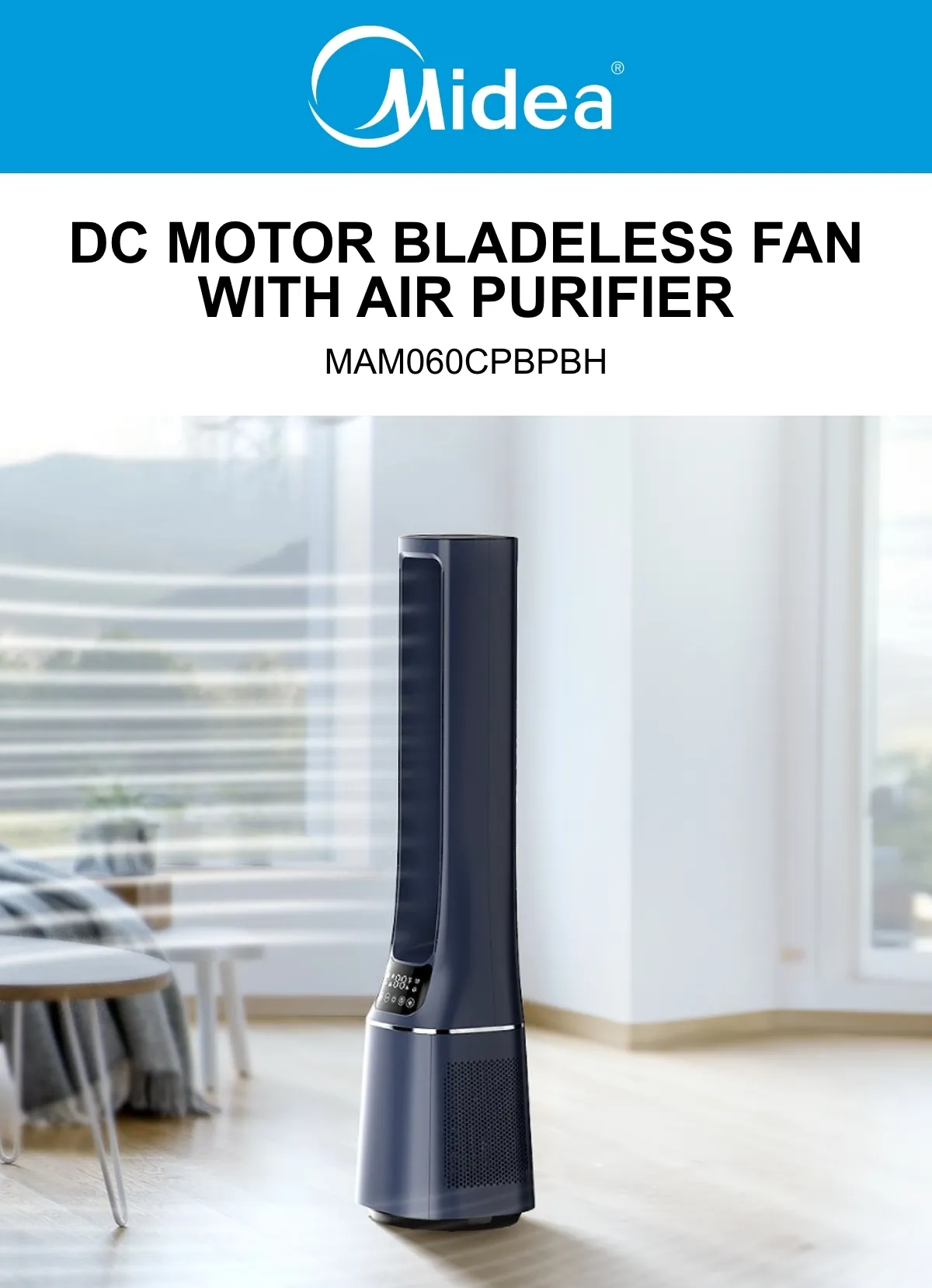 Midea MAM060CPAPWH | MAM060CPBPBH Remote DC Motor Bladeless Fan with Air Purifier - 2 Color Options