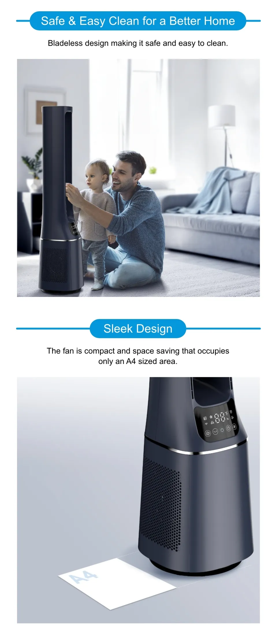 Midea MAM060CPAPWH | MAM060CPBPBH Remote DC Motor Bladeless Fan with Air Purifier - 2 Color Options