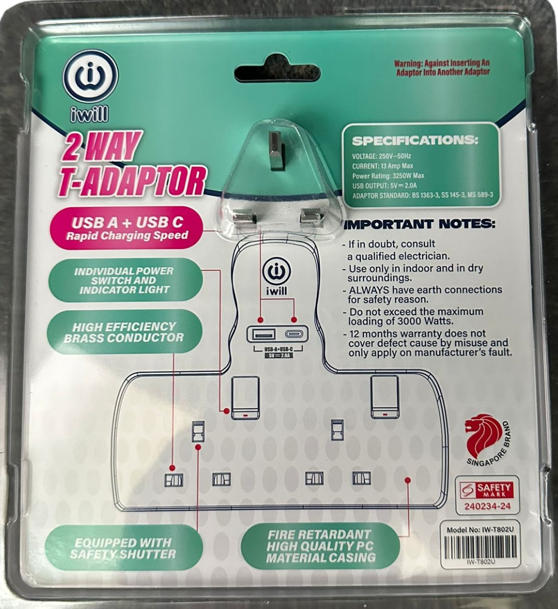 iwill IW-T802U 2 Way T-Adaptor USB A + USB C Rapid Charging Speed