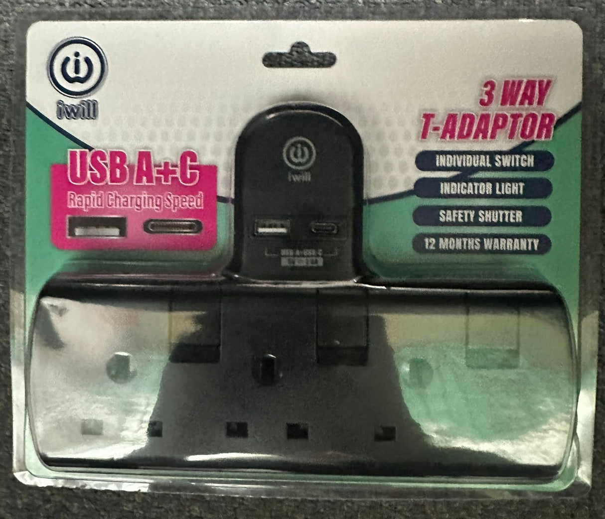 iwill IW-T803U 3 Way T-Adaptor USB A + USB C Rapid Charging Speed