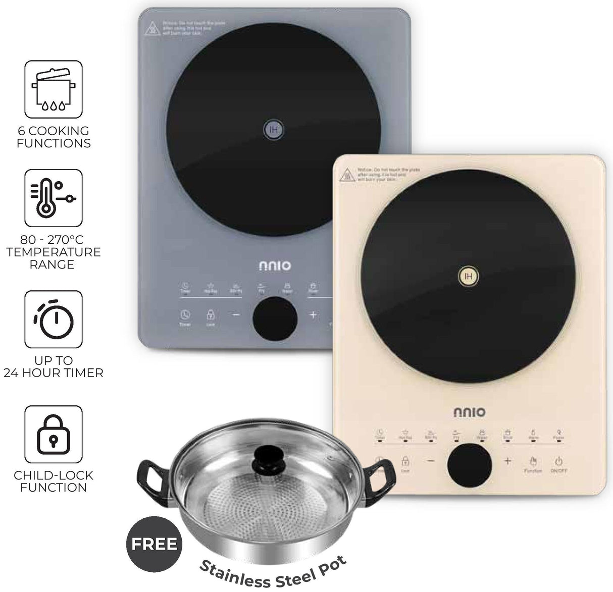 NNIO N278IC Induction Cooker with Free Stainless Steel Pot 2000W - 2 Colors Available