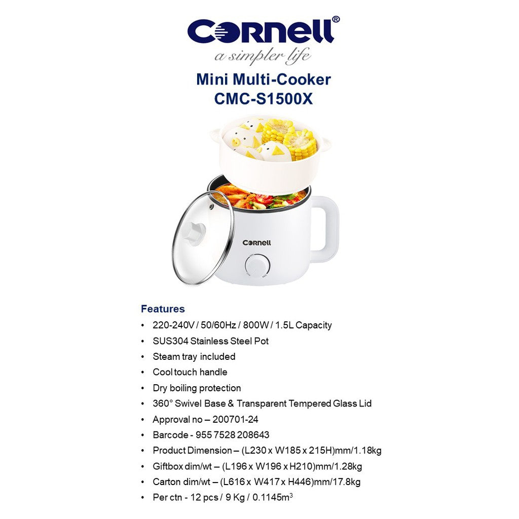 Cornell CMC-S1500X Mini Multi Cooker with Steam Tray Personal Steamboat Noodle Cooker 1.5L