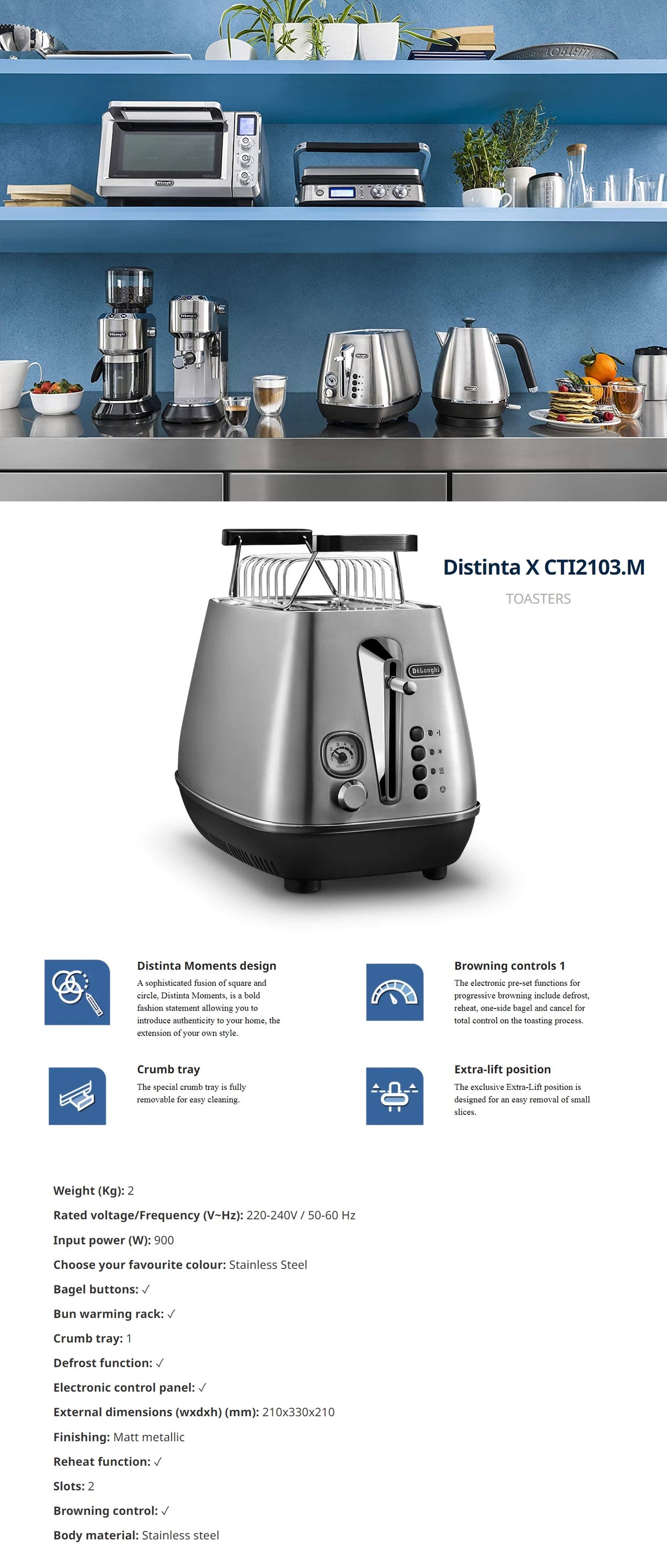 Delonghi CTI2103.M Distinta X 2-Slice Toaster 900W