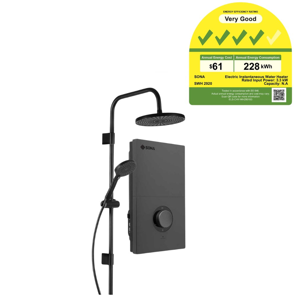 Sona SWH 2920 | SWH2920 Rain Shower Instantaneous Water Heater (w/ DC Pump & ELCB) - 3300W