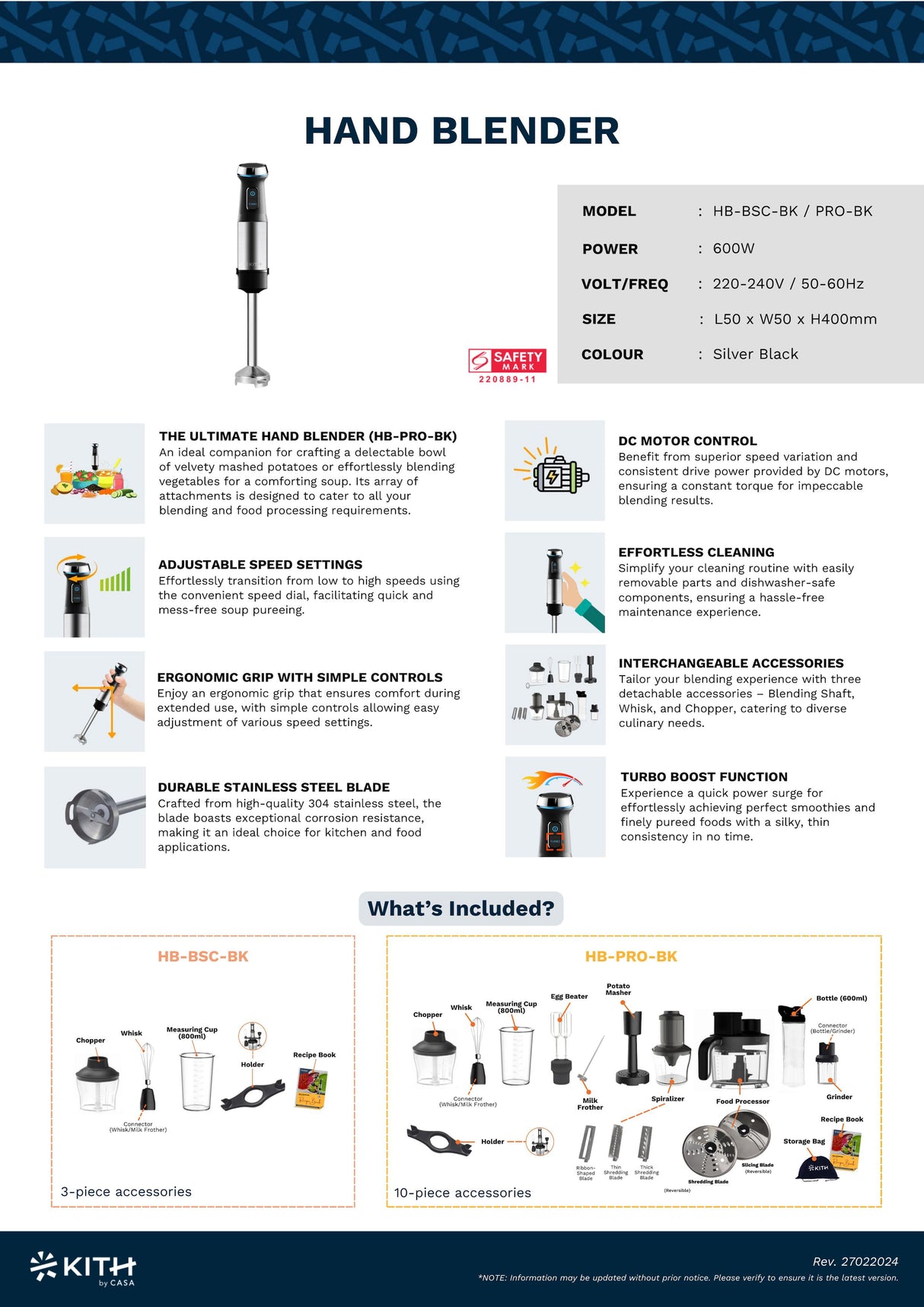 KITH HB-BSC-BK | HB-PRO-BK Hand Blender 600W - 2 Options Available