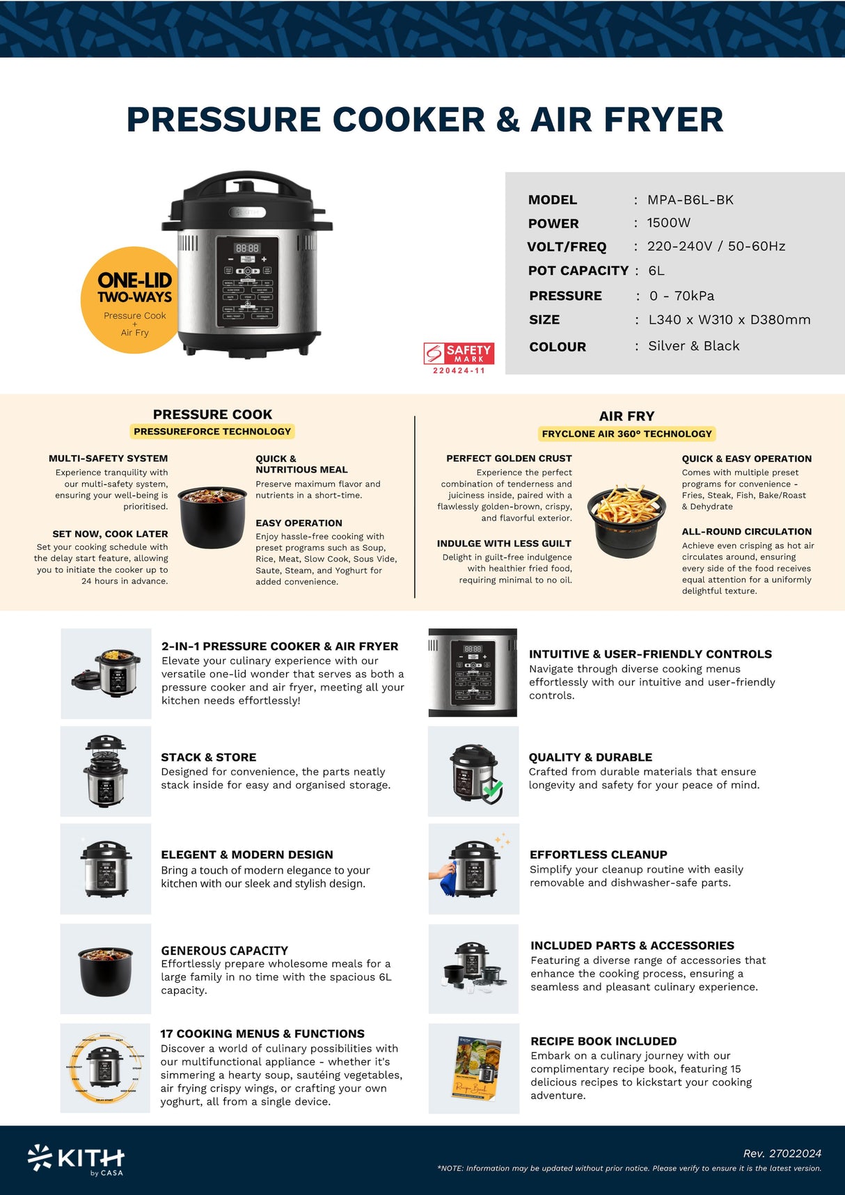 KITH MPA-B6L-BK Multifunctional Pressure Cooker with Air Fryer 6L