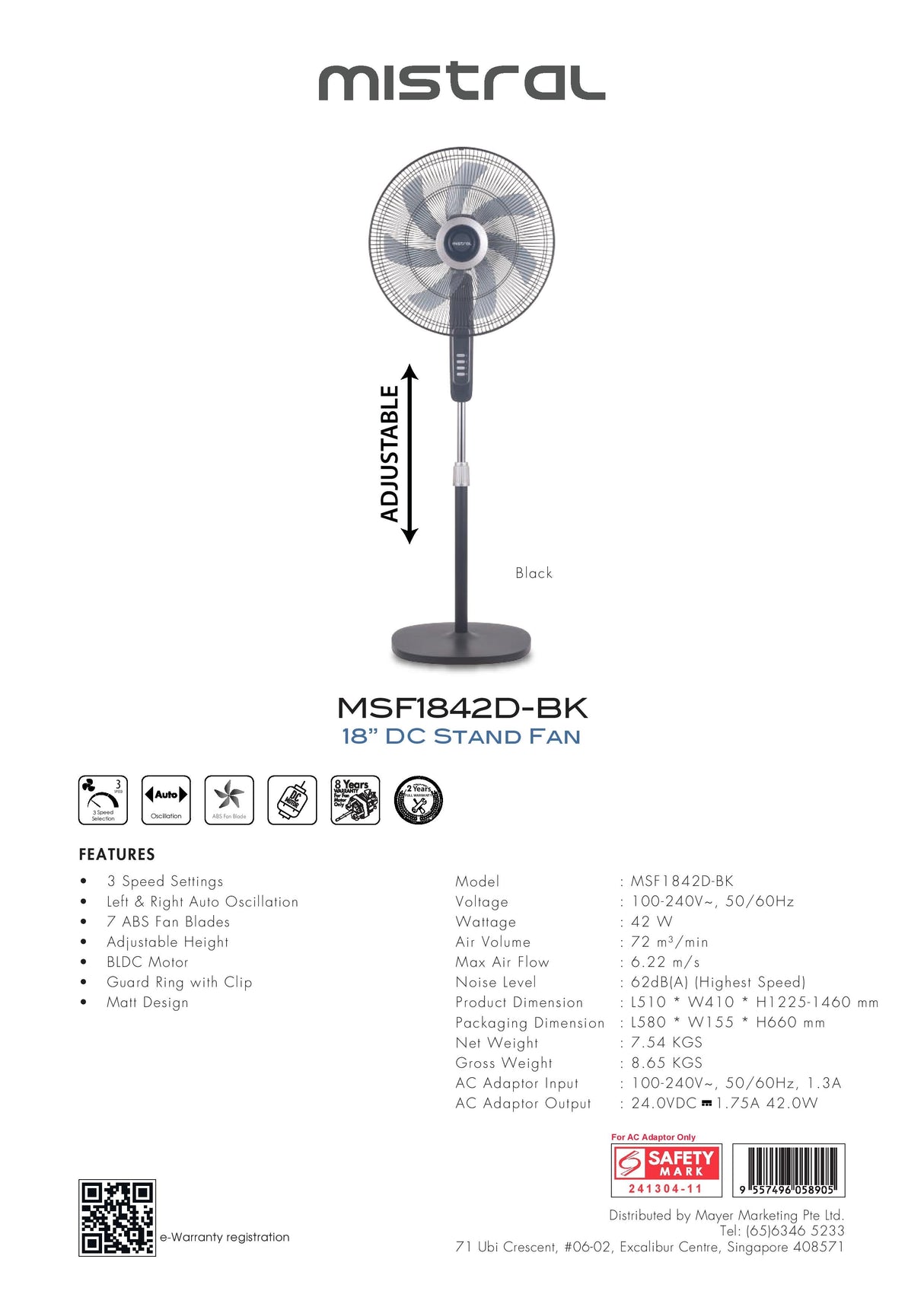 Mistral MSF1842D-BK DC Stand Fan 18 Inch