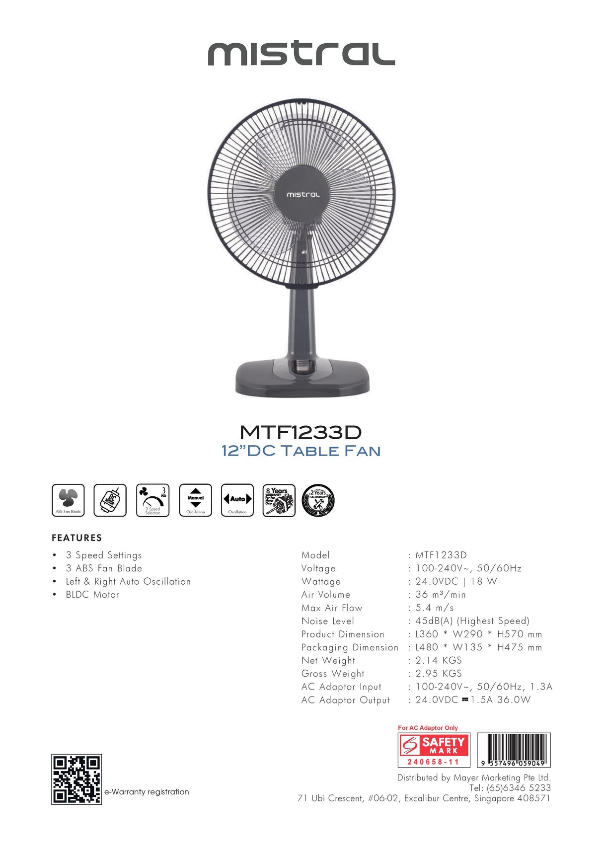 Mistral MTF1233D DC Table Fan 12 Inch