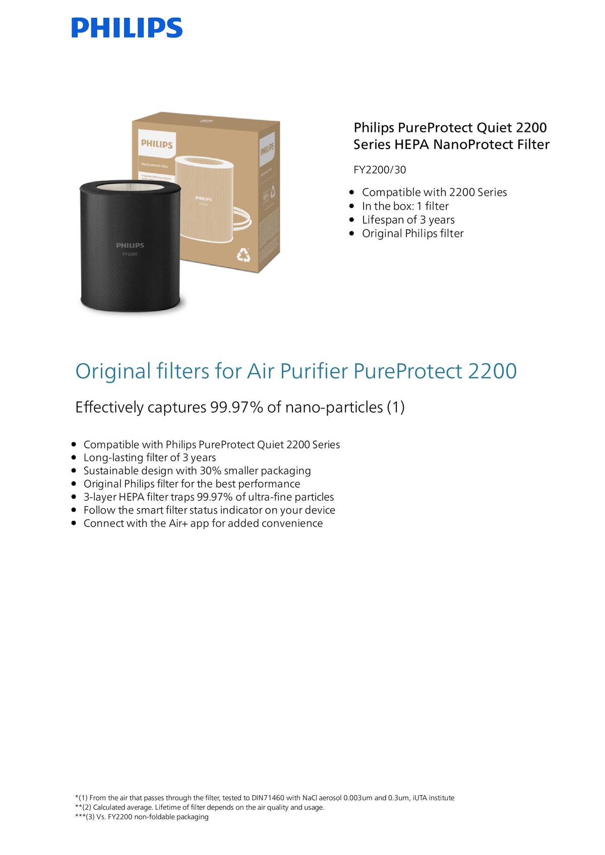Philips FY2200/30 PureProtect Quiet 2200 Series HEPA NanoProtect Filter - For Philips air purifier(s): AC2210, AC2220, AC2221