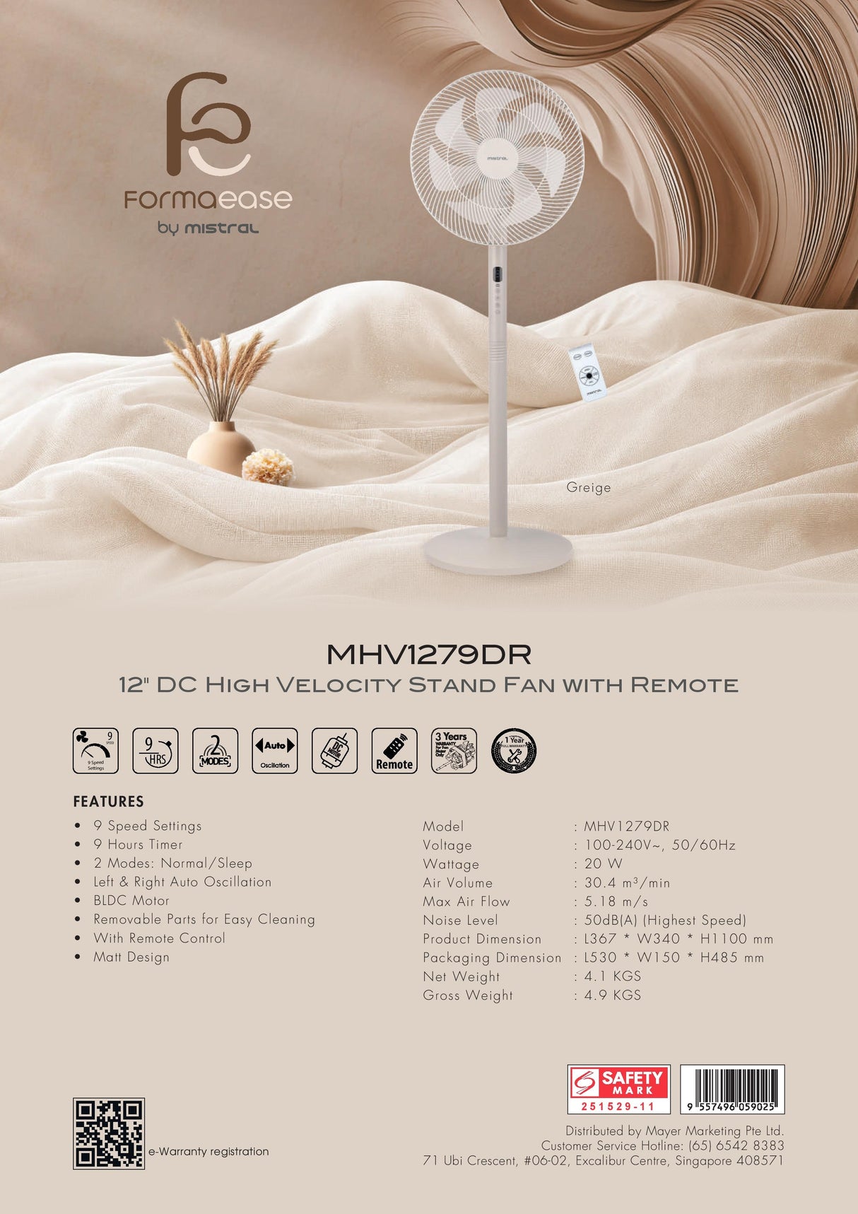 Mistral MHV1279DR DC High Velocity Stand Fan with Remote 12 Inch