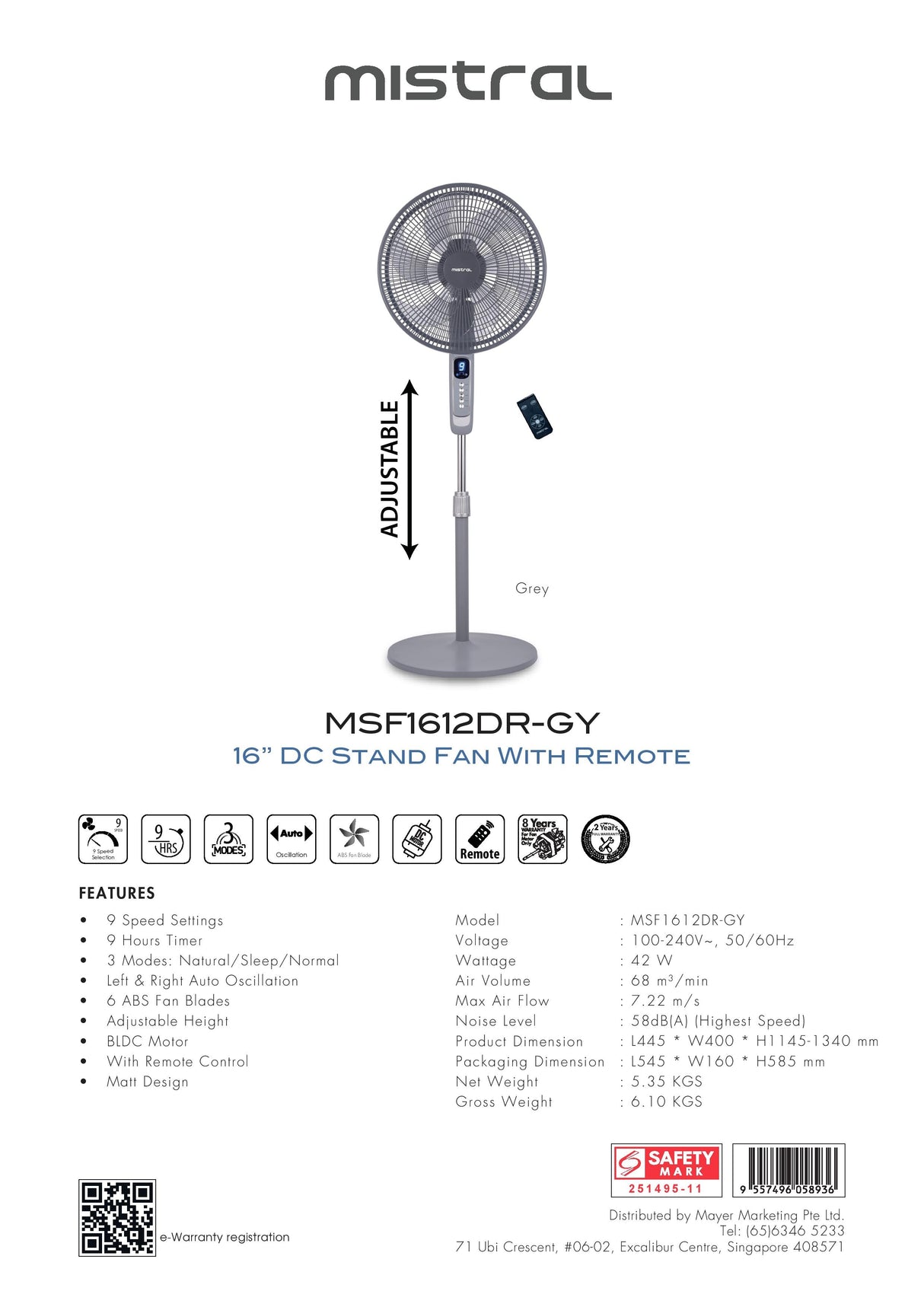 Mistral MSF1612DR-GY DC Stand Fan With Remote 16 Inch