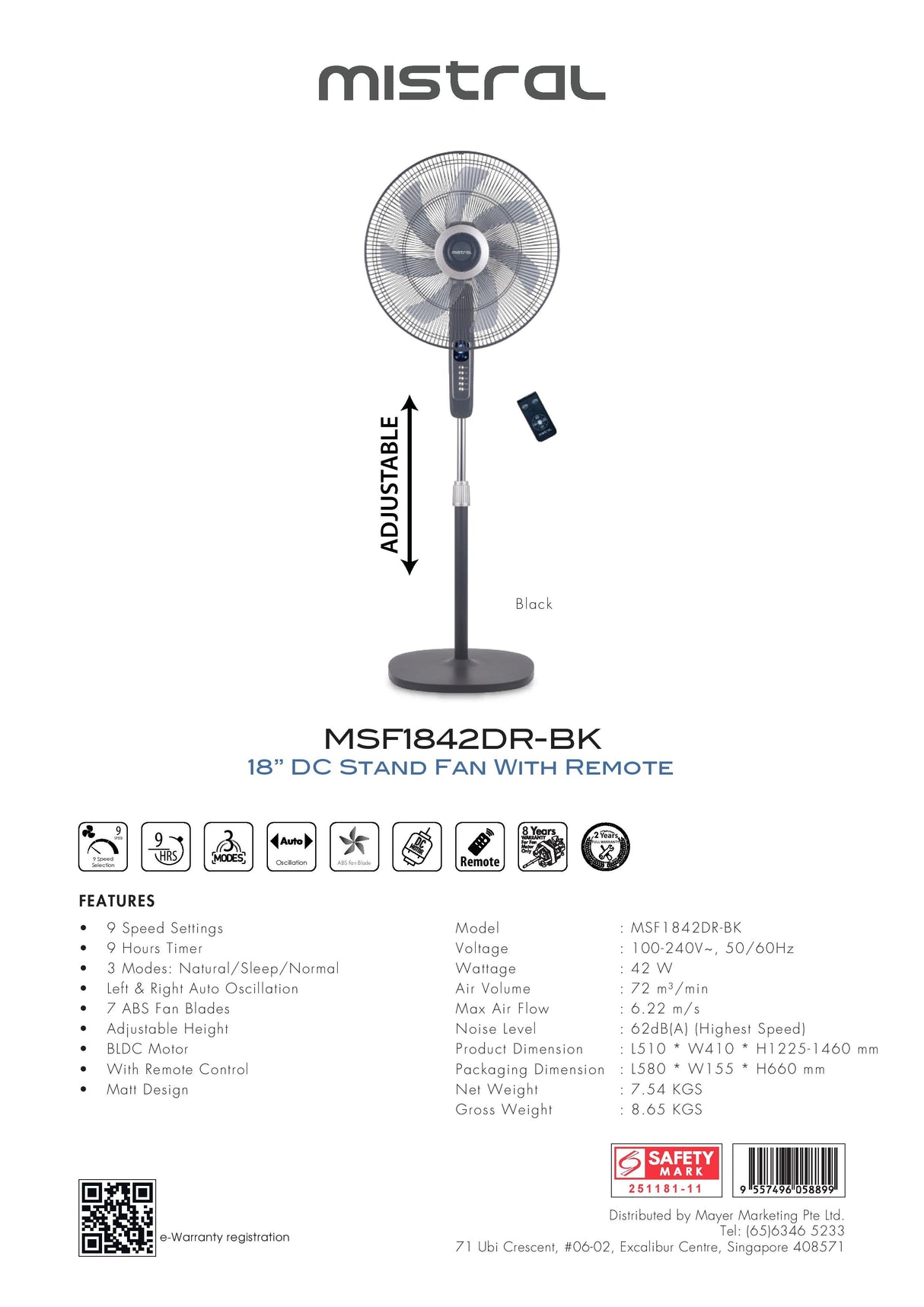 Mistral MSF1842DR-BK DC Stand Fan 18 Inch