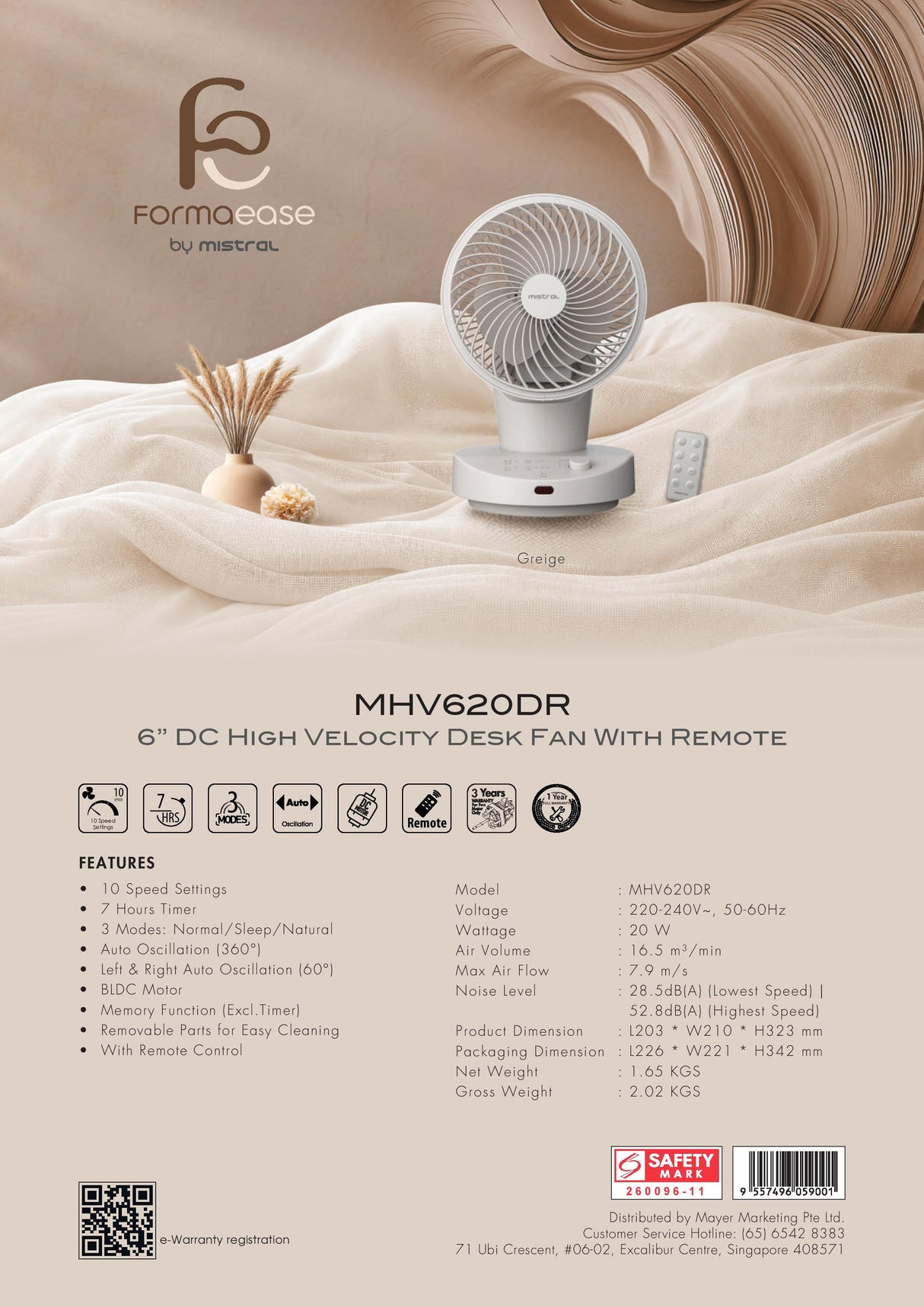 Mistral MHV620DR DC High Velocity Desk Fan with Remote 6 Inch