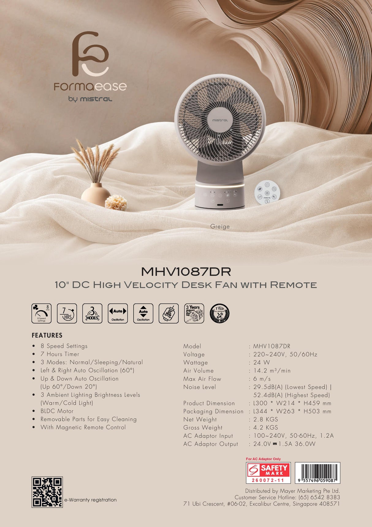 Mistral MHV1087DR DC High Velocity Desk Fan with Remote 10 Inch