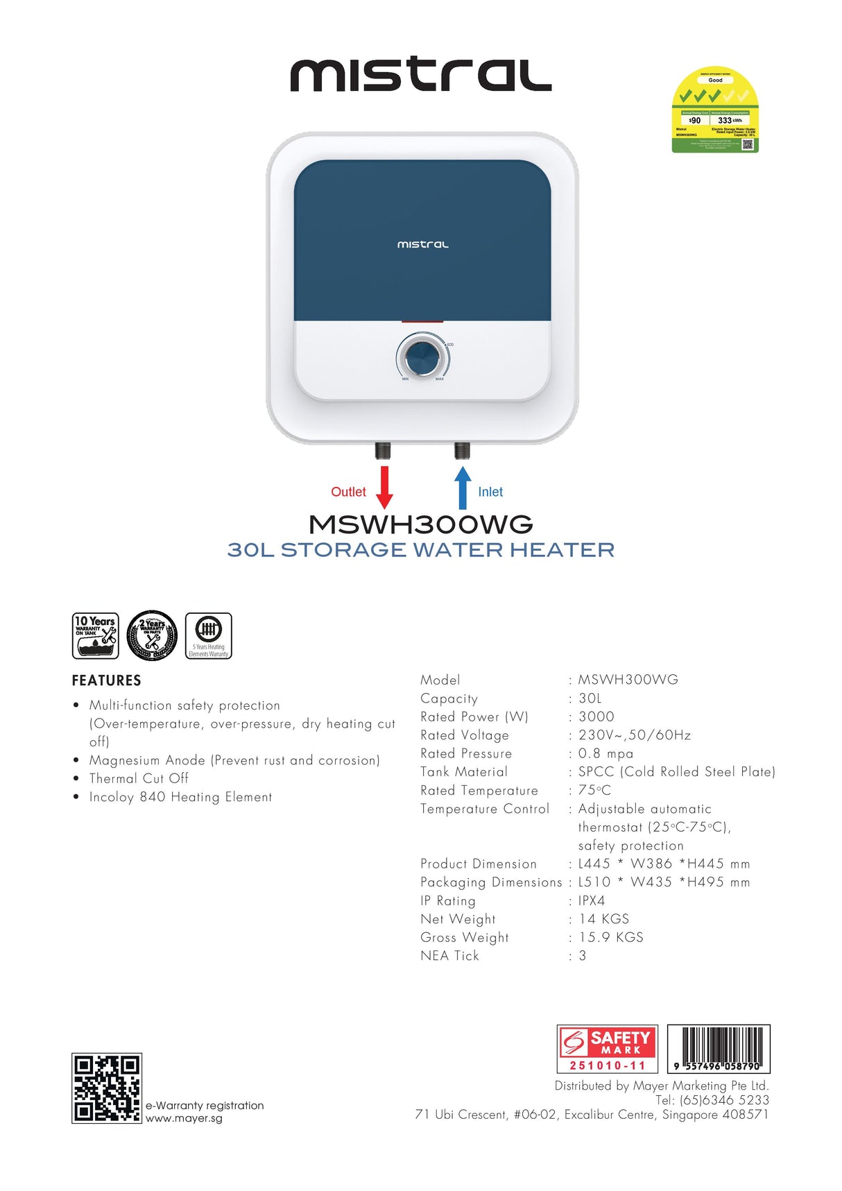 Mistral MSWH300WG Storage Water Heater 30L