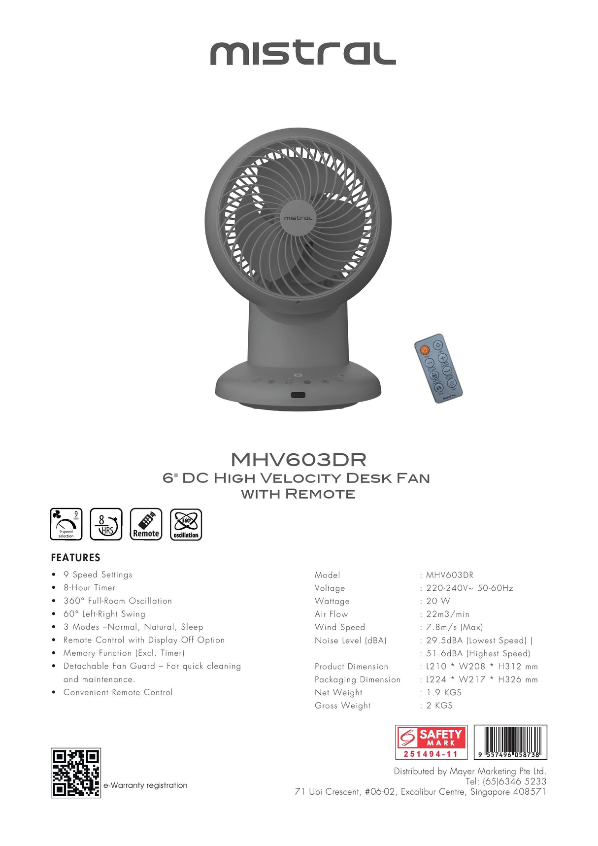 Mistral MHV603DR DC High Velocity Desk Fan With Remote 6 Inch