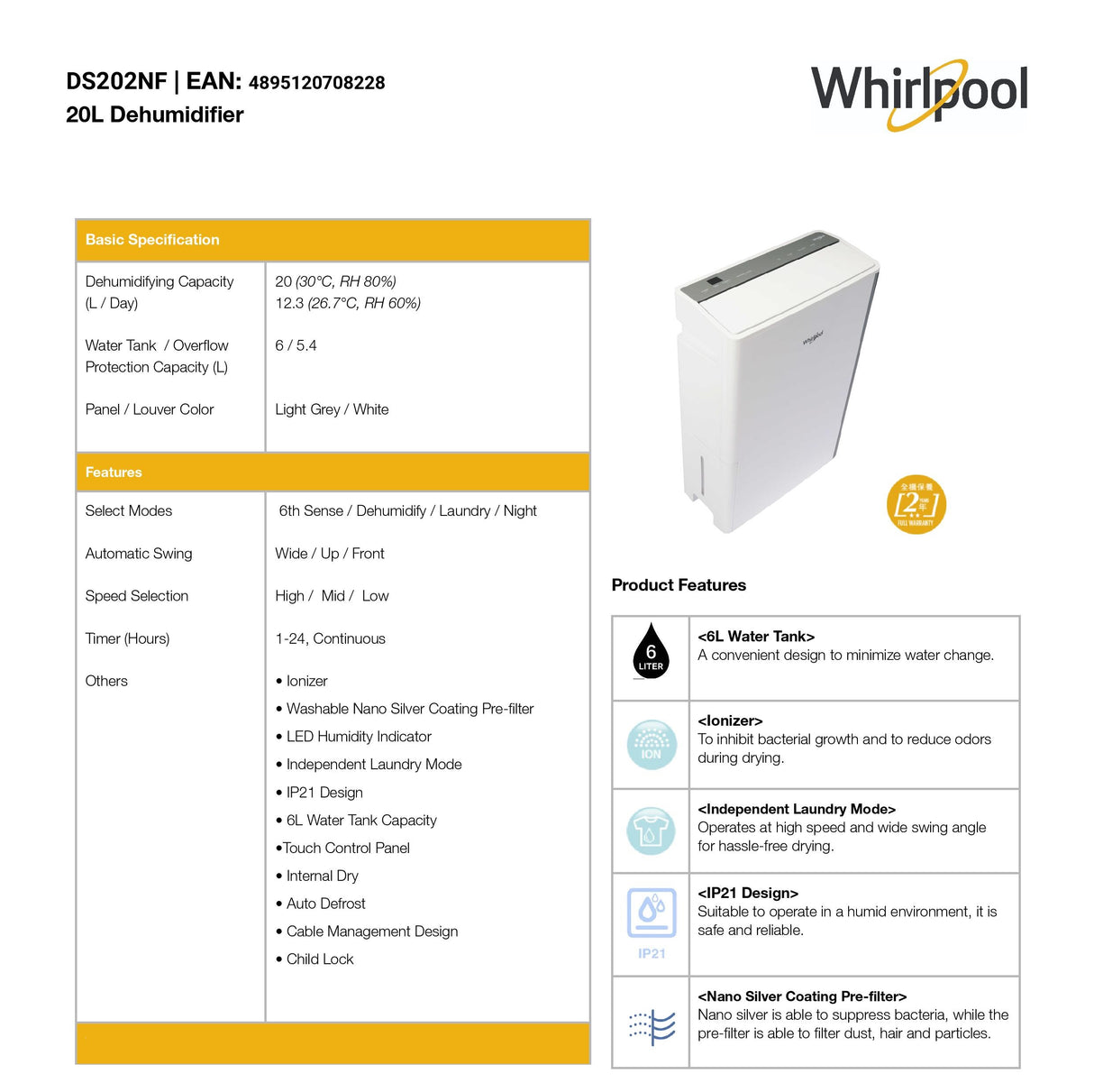 Whirlpool DS202NF Dehumidifier with Ionizer 20L