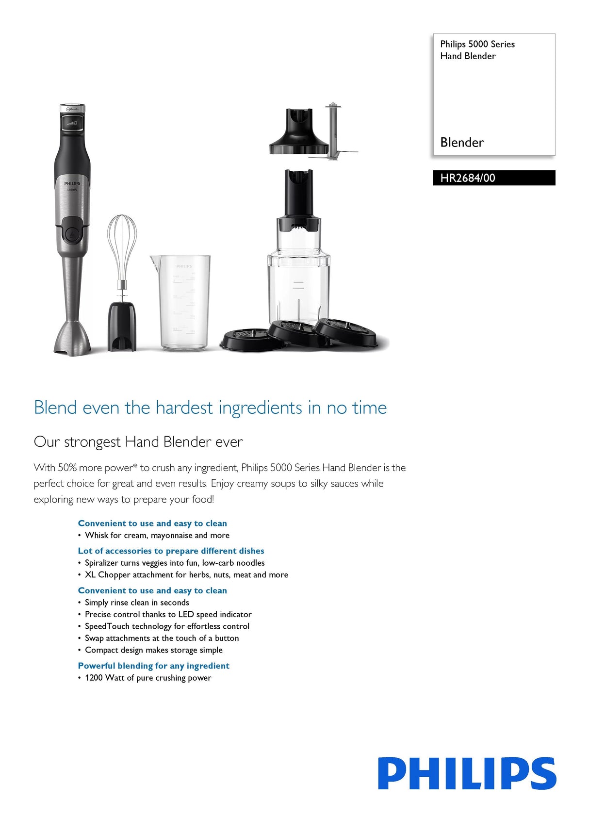 Philips HR2684/00 Meta Hand Blender 5000 Series, Whisk, XL Chop