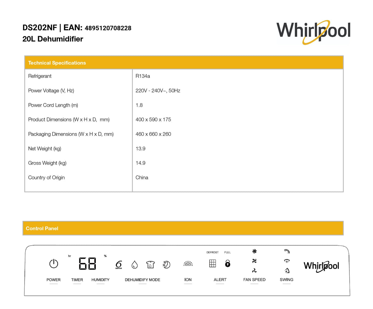 Whirlpool DS202NF Dehumidifier with Ionizer 20L