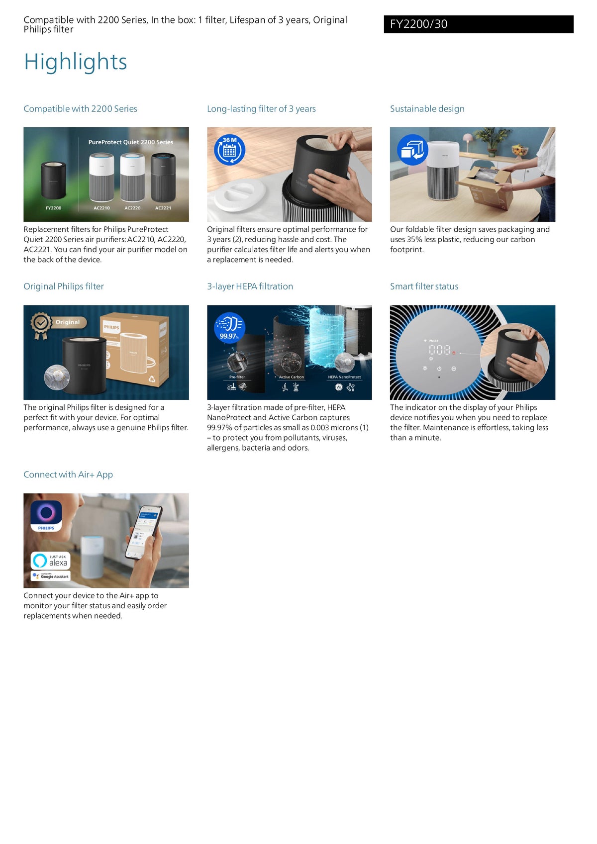 Philips FY2200/30 PureProtect Quiet 2200 Series HEPA NanoProtect Filter - For Philips air purifier(s): AC2210, AC2220, AC2221