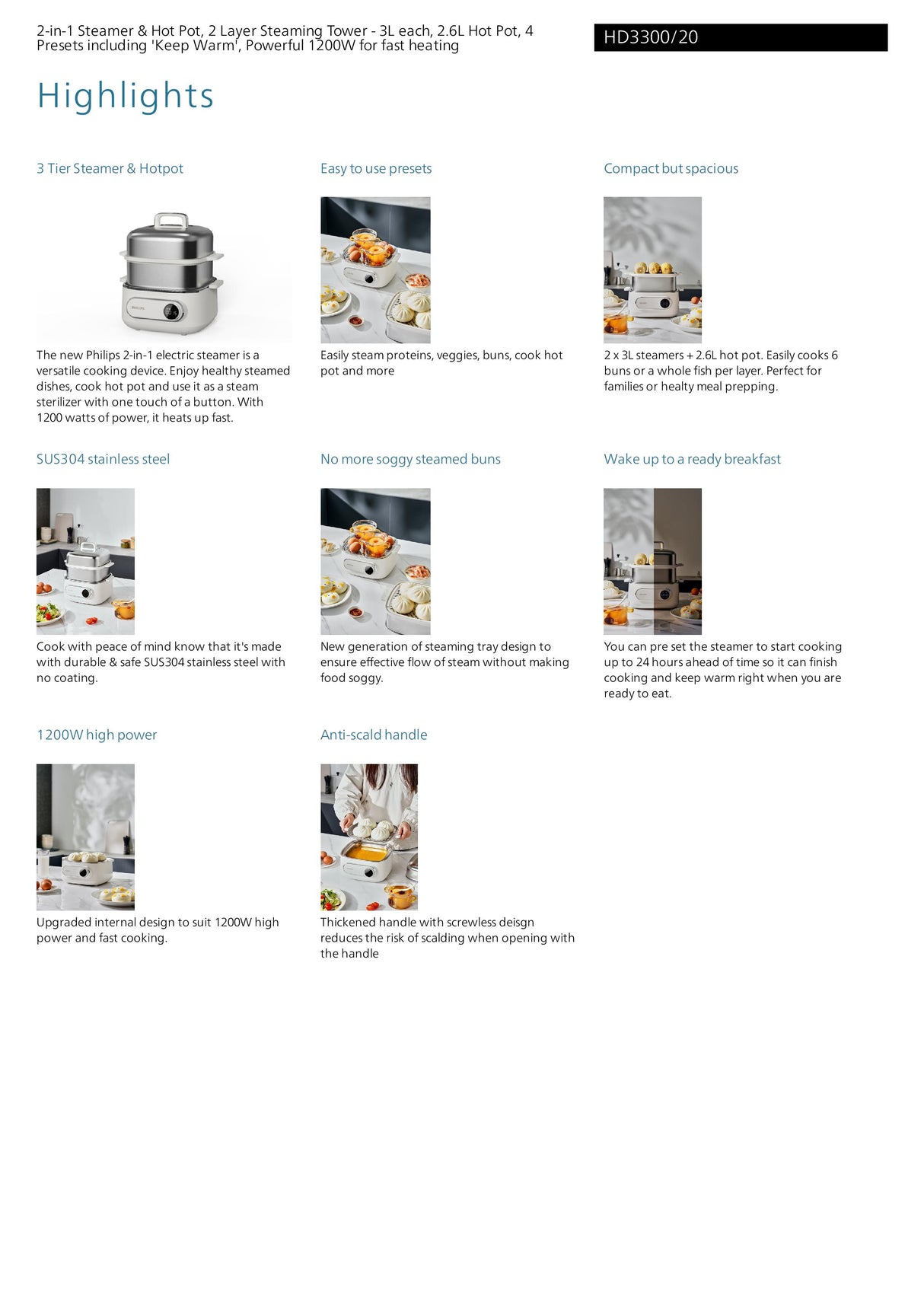 Philips HD3300/20 3000 Series Electric Steamer - 2 x 3L steamers + 2.6L hot pot